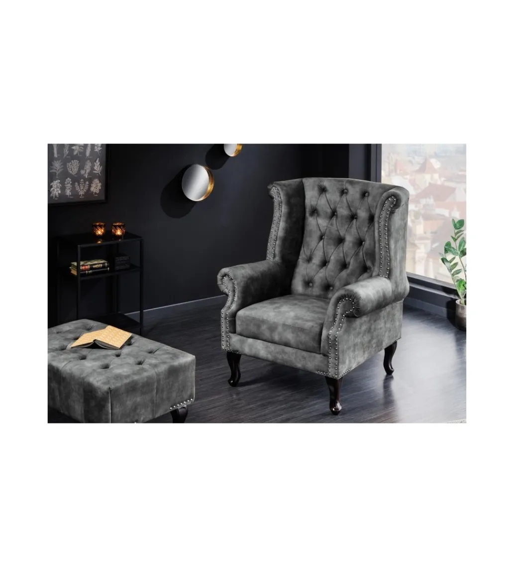 Fotel BRIGIDA Chesterfield szary*Invicta Interior Outlet