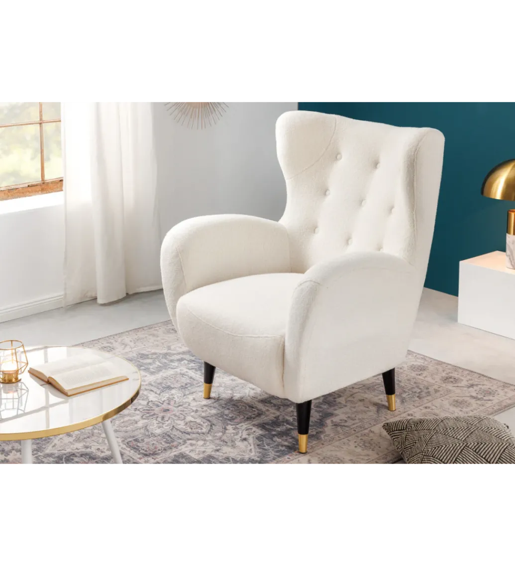 Fotel DON biały ze złotymi nakładkami bouclé*Invicta Interior Outlet