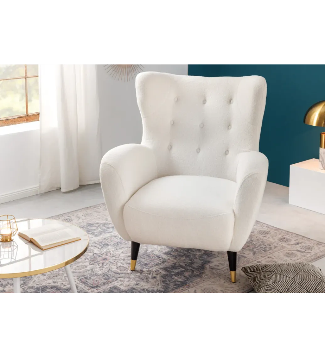 Fotel DON biały ze złotymi nakładkami bouclé*Invicta Interior Outlet