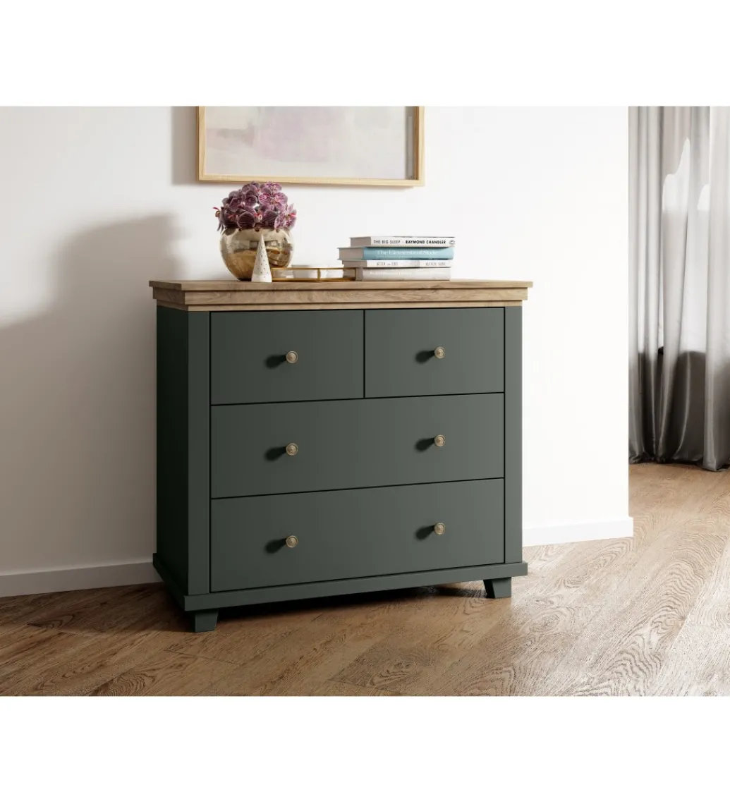 Komoda EVORA 90 cm zielona z dodatkiem koloru dąb Lefkas*Helvetia Discount