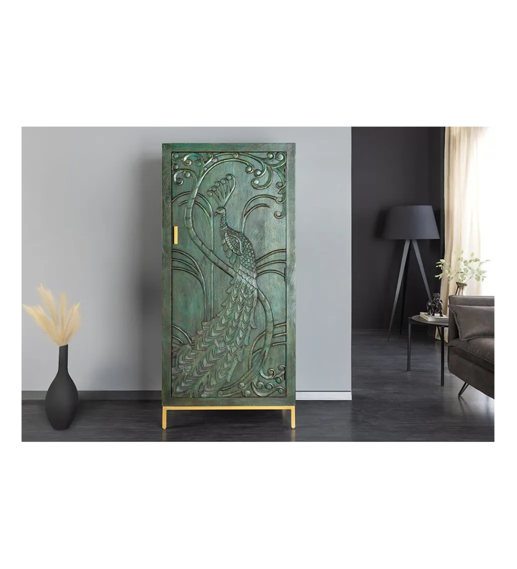 Komoda wysoka 3D PEACOCK 170 cm drewno mango antyczna zieleń*Invicta Interior Hot