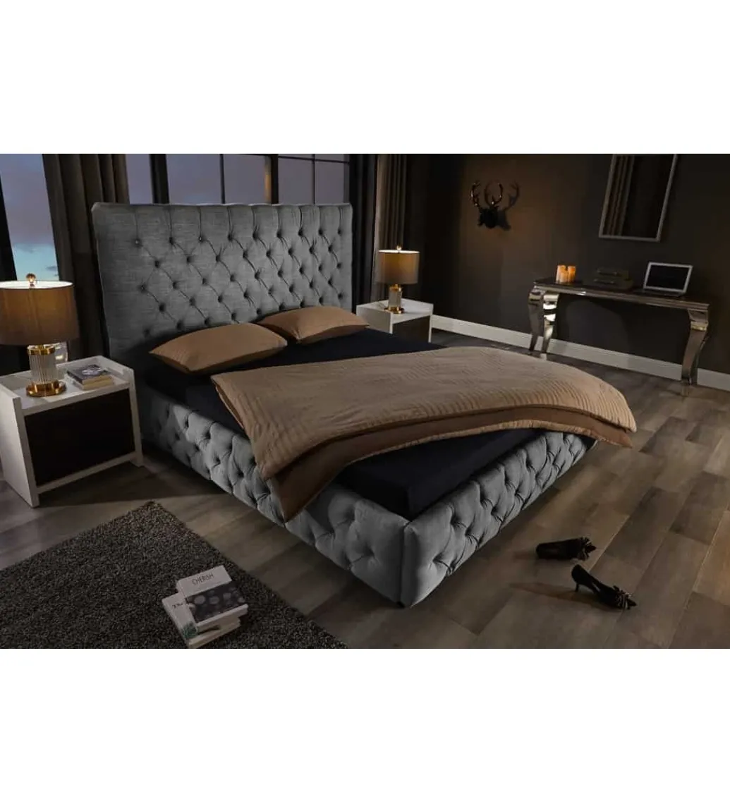 Łóżko tapicerowane PARIS CHESTERFIELD 180 cm x 200 cm Szare lniane*Invicta Interior New
