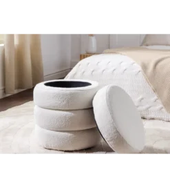 Pufa VOQUE 50 cm z pojemnikiem Bouclé kremowo biała*Invicta Interior