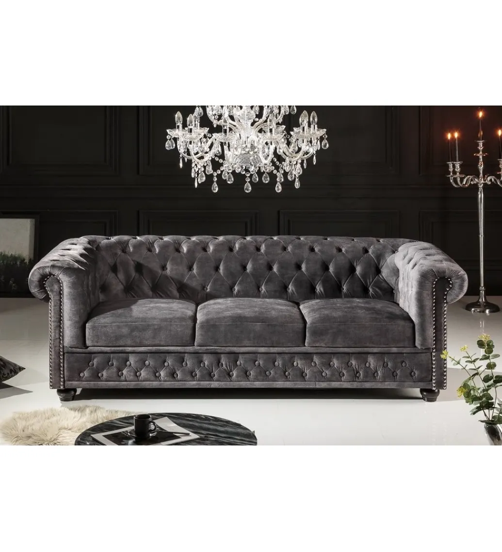 Sofa ARIELLE Chesterfield 205 Cm szary aksamit*Invicta Interior