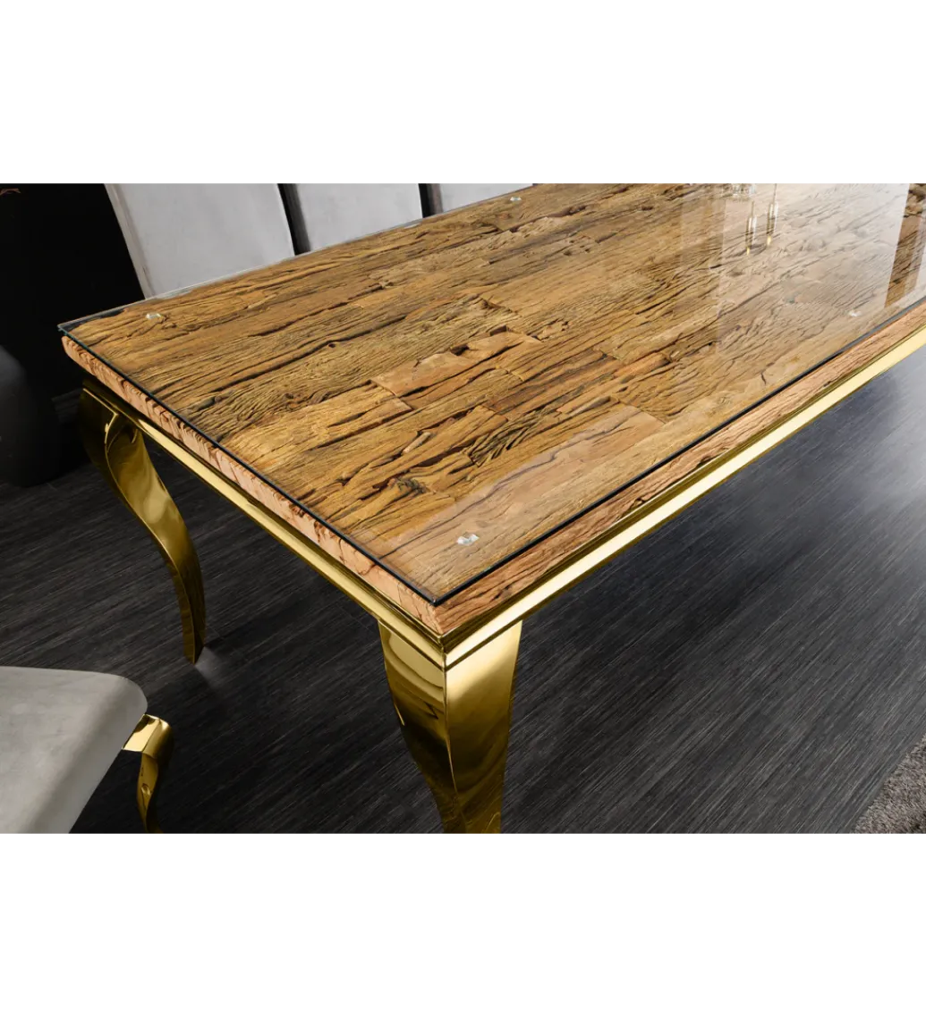 Stół jadalny MODERN BAROCK BARRACUDA 200 cm złoty szklany blat BEZ blatu tekowego*Invicta Interior