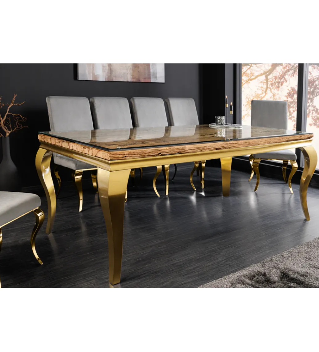 Stół jadalny MODERN BAROCK BARRACUDA 200 cm złoty szklany blat BEZ blatu tekowego*Invicta Interior