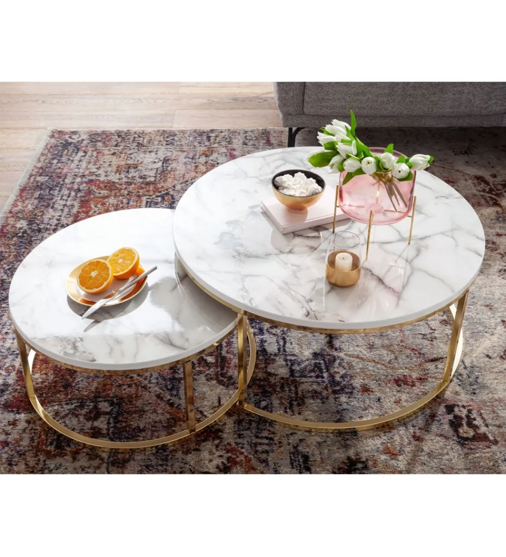 Stolik kawowy HOBRO set 2 w optyce białego marmuru OUTLET*WOHNLING, GERMANY Discount