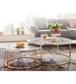 Stolik kawowy HOBRO set 2 w optyce białego marmuru OUTLET*WOHNLING, GERMANY Discount