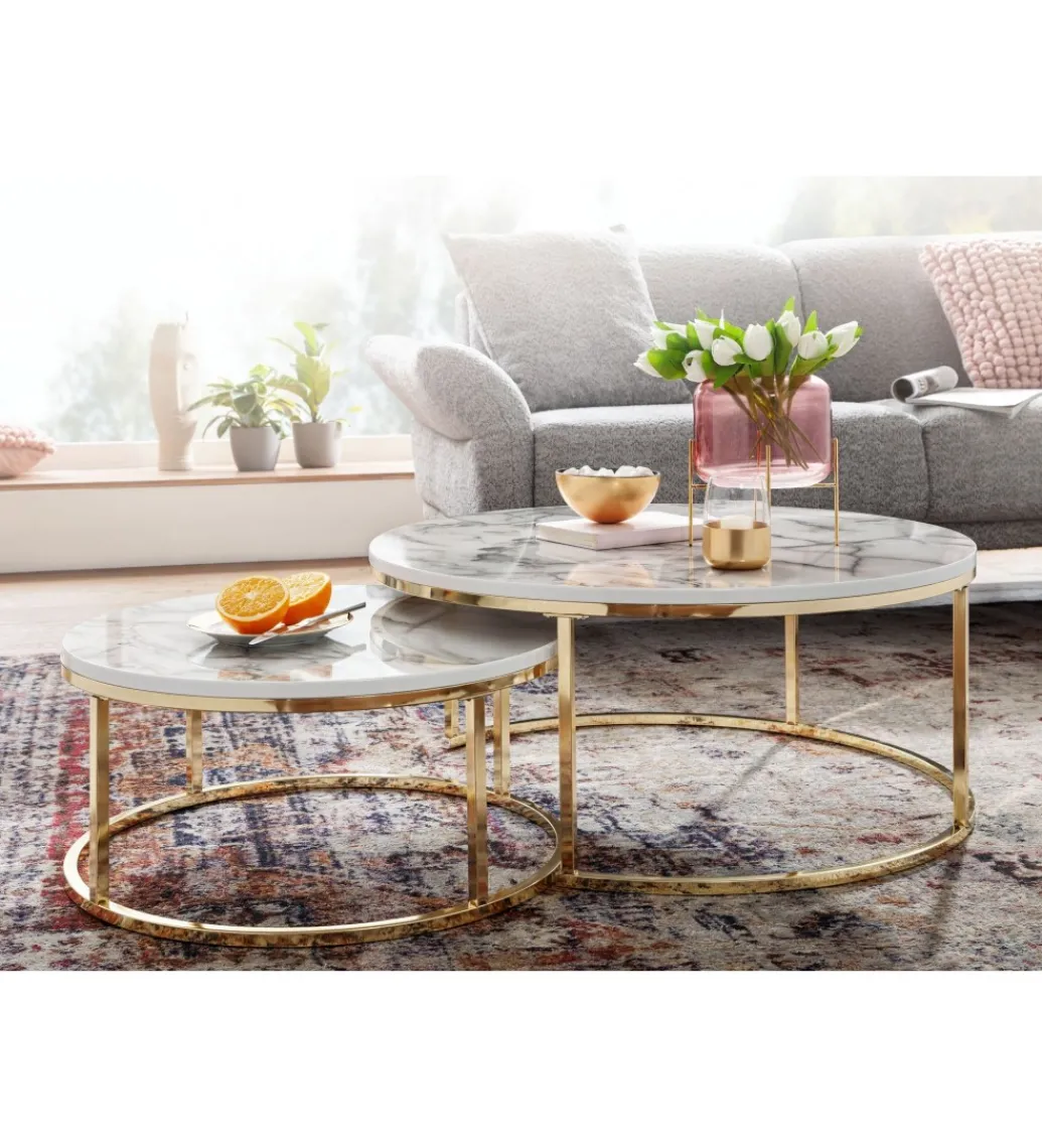 Stolik kawowy HOBRO set 2 w optyce białego marmuru OUTLET*WOHNLING, GERMANY Discount