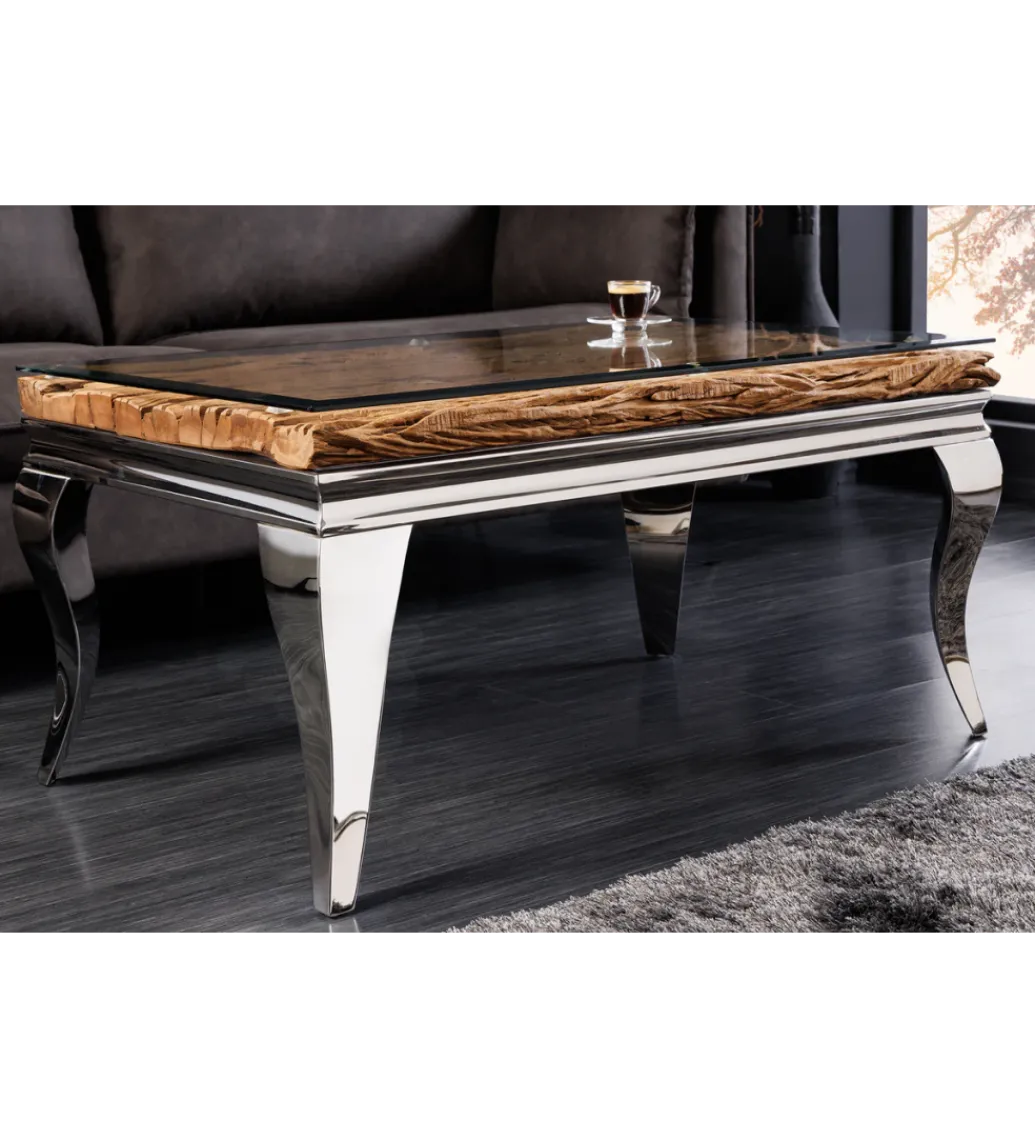 Stolik kawowy MODERN BAROCK BARRACUDA 100 cm chromowany szklany blat BEZ blatu tekowego*Invicta Interior
