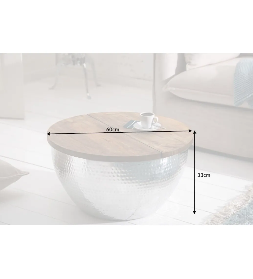 Stolik Kawowy Storage Orient 60 Cm srebrny Z Blatem drewna akacji*Invicta Interior Discount
