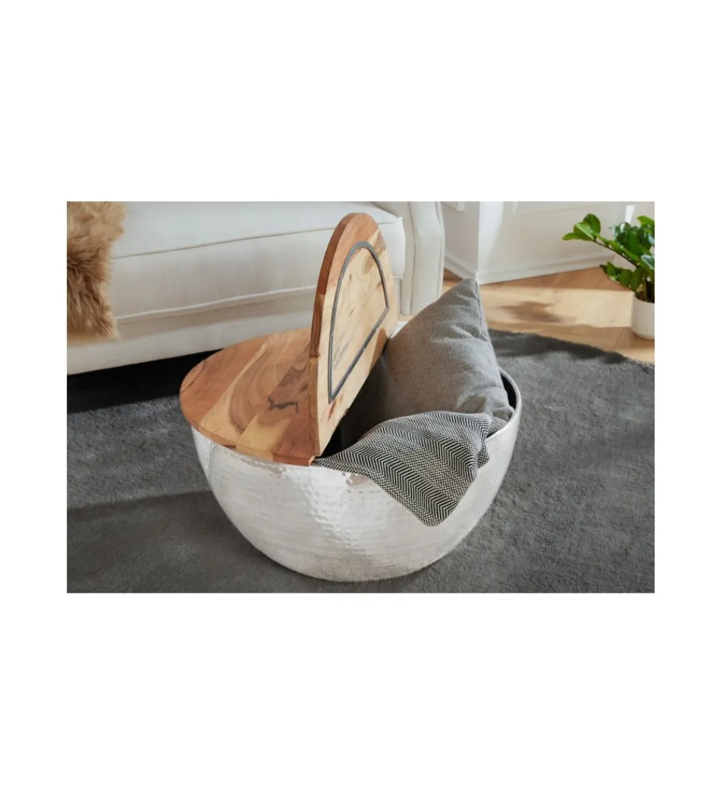Stolik Kawowy Storage Orient 60 Cm srebrny Z Blatem drewna akacji*Invicta Interior Discount