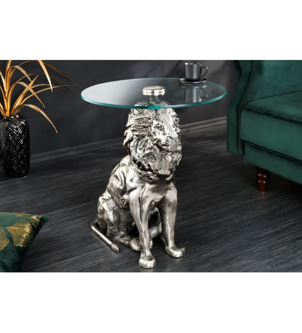 Stolik kawowy WILDLIFE LION 60 cm antyczne srebro*Invicta Interior