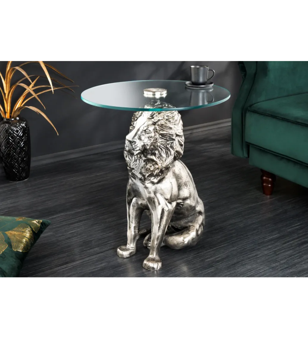 Stolik kawowy WILDLIFE LION 60 cm antyczne srebro*Invicta Interior