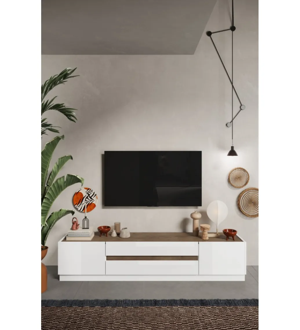 Stolik pod TV FANTASY 205 cm biały z dodatkiem koloru dąb Mercure*MCA Linia Włoska Clearance