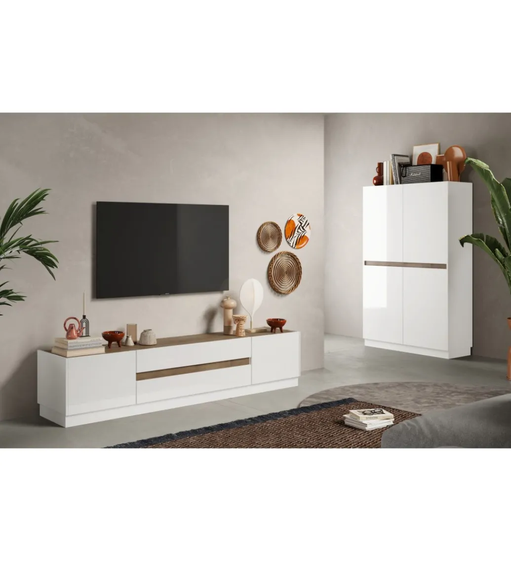 Stolik pod TV FANTASY 205 cm biały z dodatkiem koloru dąb Mercure*MCA Linia Włoska Clearance