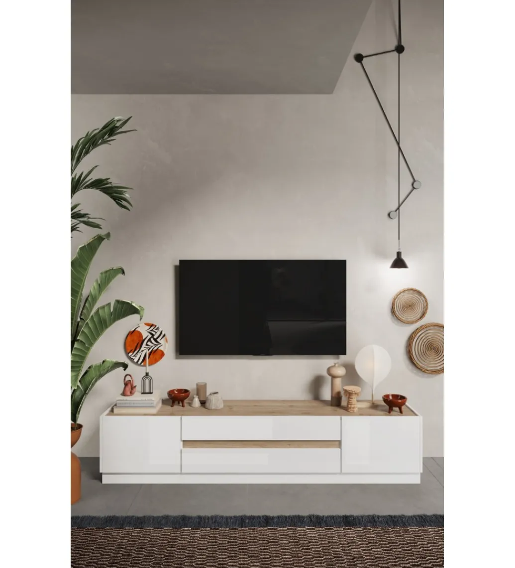 Stolik pod TV FANTASY 205 cm biały z dodatkiem koloru dąb Cadiz*MCA Linia Włoska Clearance