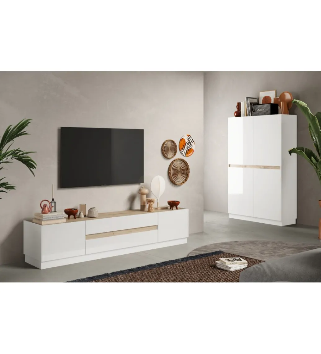 Stolik pod TV FANTASY 205 cm biały z dodatkiem koloru dąb Cadiz*MCA Linia Włoska Clearance