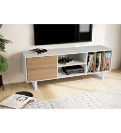 Stolik pod TV GRASSE 150 cm biały z dodatkiem koloru dębowego*WOHNLING, GERMANY Outlet