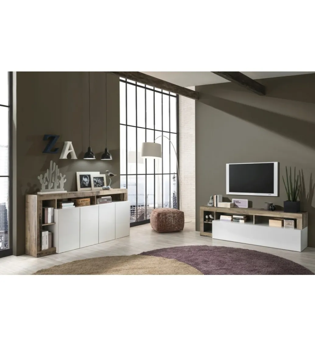 Stolik pod TV HAMBURG 184 cm biały z dodatkiem klon Pero*MCA Linia Włoska Discount