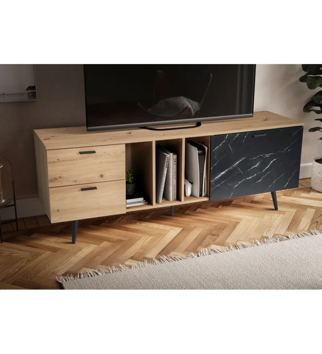 Stolik pod TV MELIOR III150 cm w kolorze dąb z dodatkiem optyki marmuru*WOHNLING, GERMANY Sale
