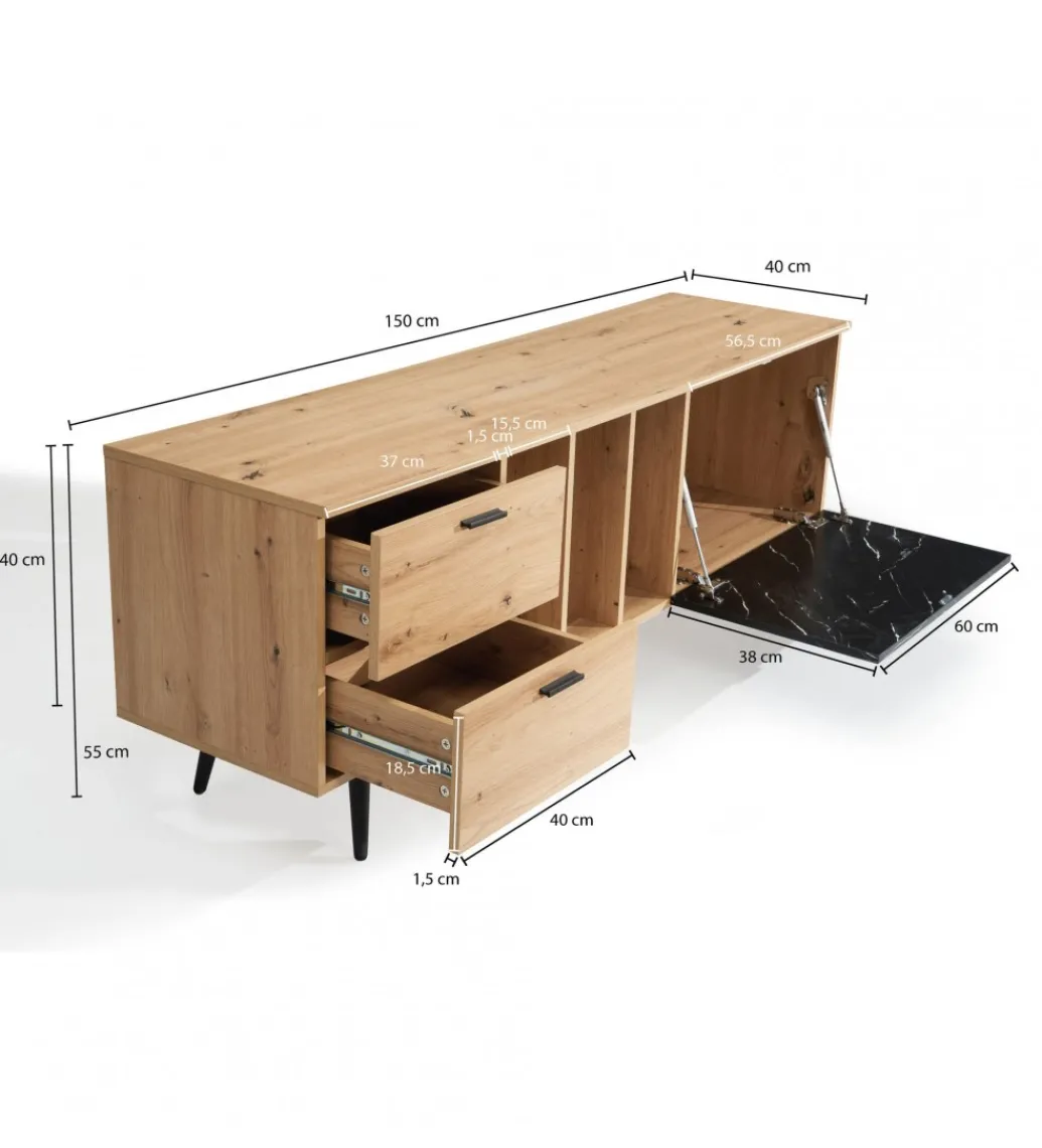 Stolik pod TV MELIOR III150 cm w kolorze dąb z dodatkiem optyki marmuru*WOHNLING, GERMANY Sale