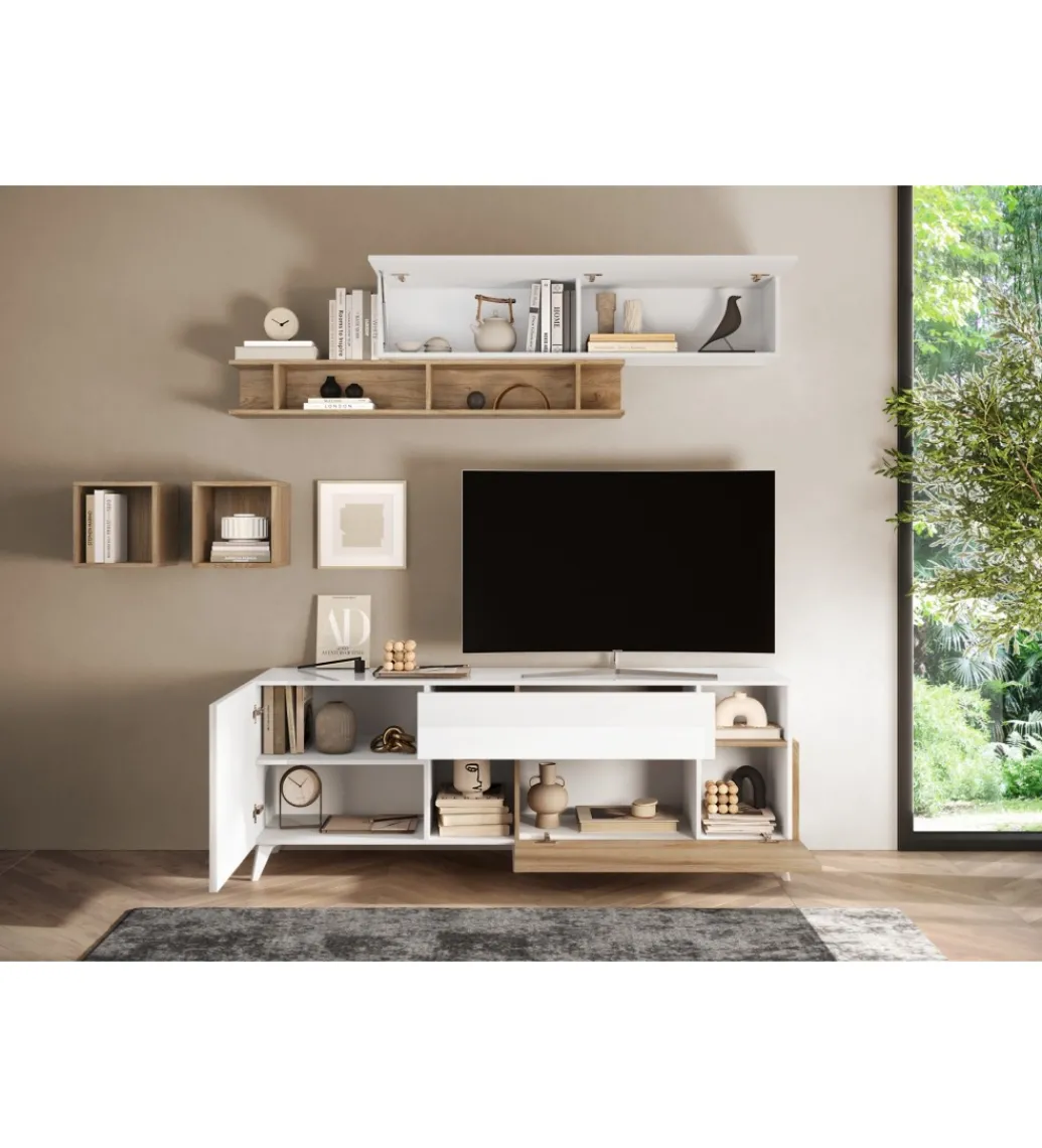Stolik pod TV MONACO 181 cm biały z dodatkiem dąb Cadiz*MCA Linia Włoska Best