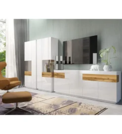 Stolik pod TV SILKE  160 cm biały z dodatkiem koloru Dąb Wotan*Helvetia Best
