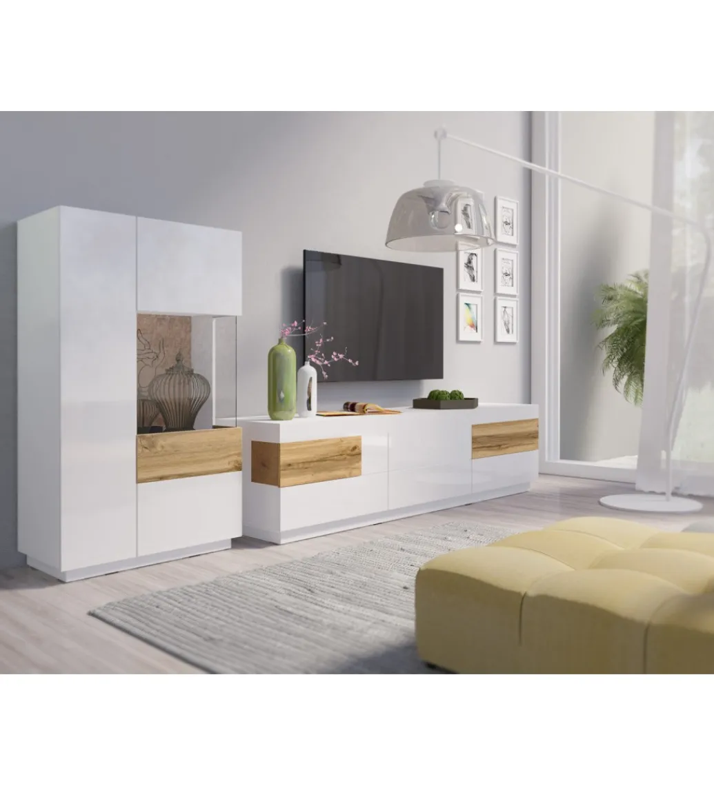 Stolik pod TV SILKE 160 cm biały z dodatkiem koloru Dąb Wotan*Helvetia Best