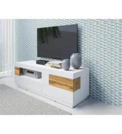 Stolik pod TV SILKE 160 cm biały z dodatkiem koloru Dąb Wotan*Helvetia Best