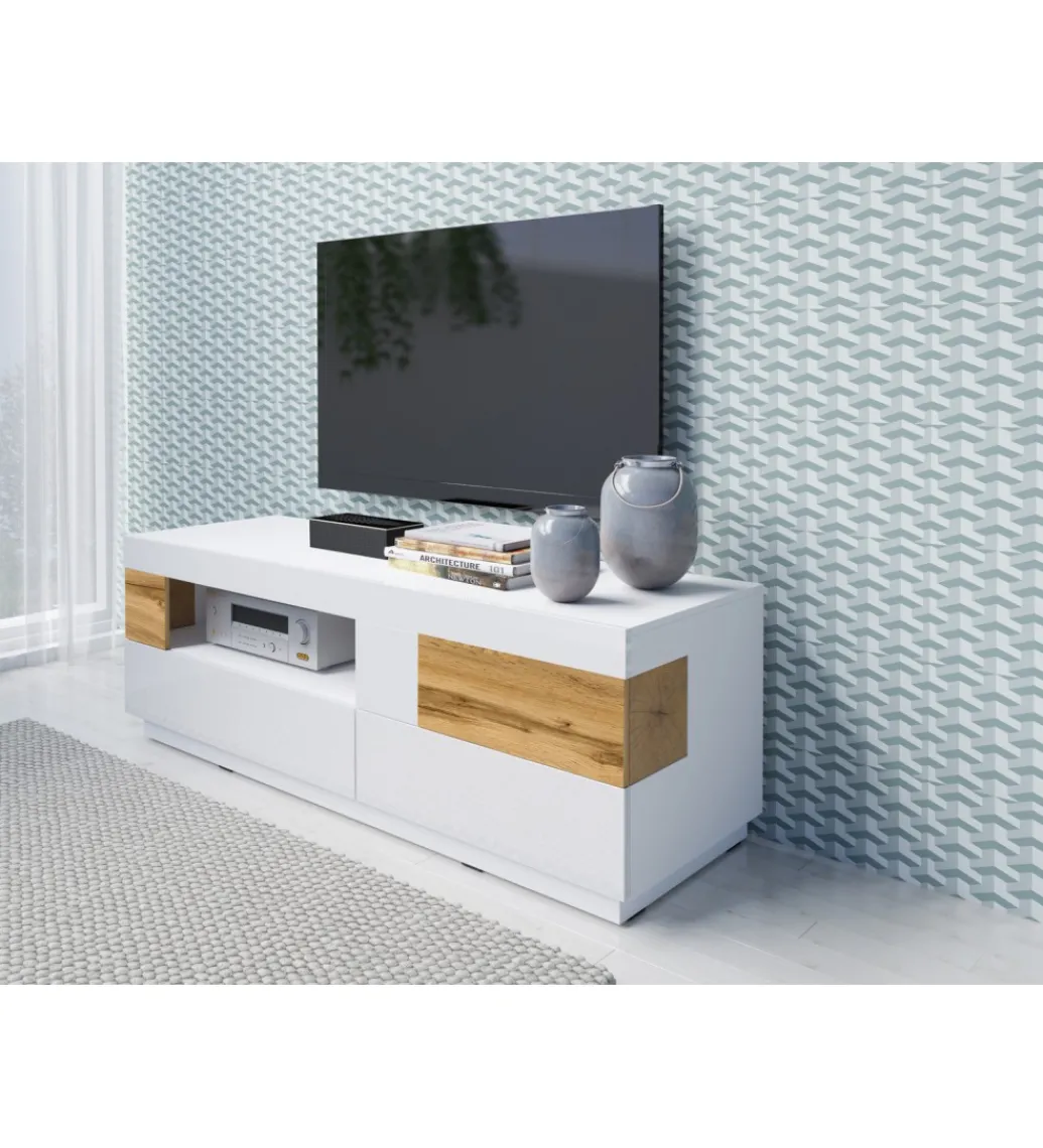 Stolik pod TV SILKE 160 cm biały z dodatkiem koloru Dąb Wotan*Helvetia Best