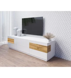Stolik pod TV SILKE 206 cm biały z dodatkiem koloru dąb Wotan*Helvetia