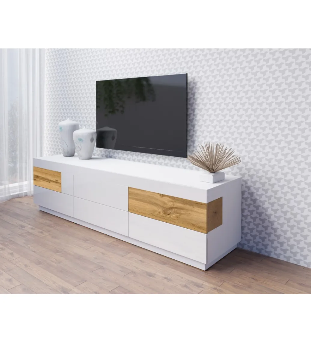 Stolik pod TV SILKE 206 cm biały z dodatkiem koloru dąb Wotan*Helvetia