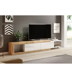 Stolik pod TV SINTRA 200 cm - 241 cm biały z dodatkiem koloru Dąb Samdal*Helvetia
