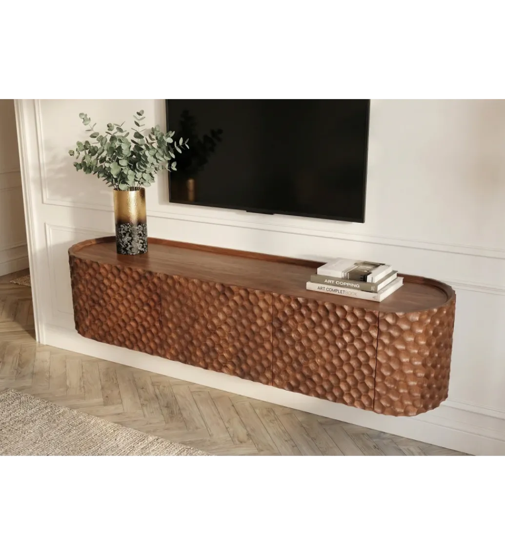 Stolik pod TV wiszący ADLON 160 cm drewno mango wzór 3D*Invicta Interior Online