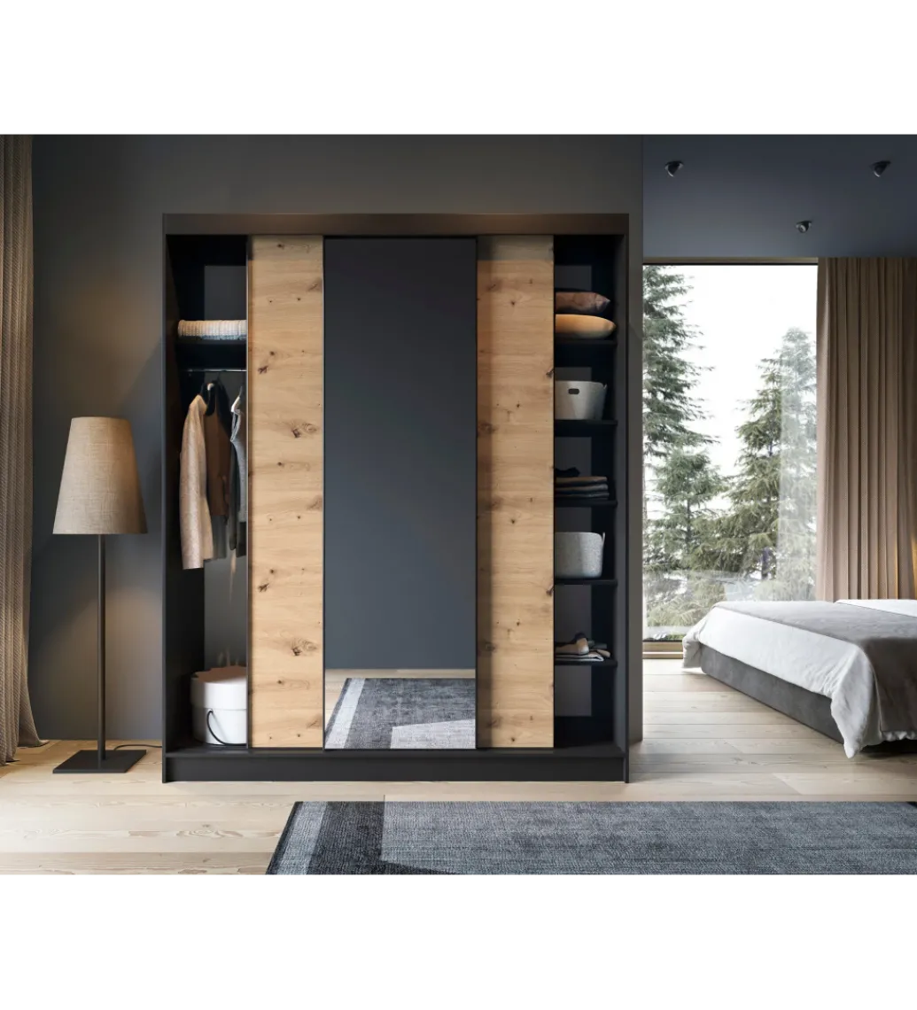 Szafa przesuwna Esville III z lustrem 180 cm w optyce Dąb artisan/Czarny mat*ELTAP Discount