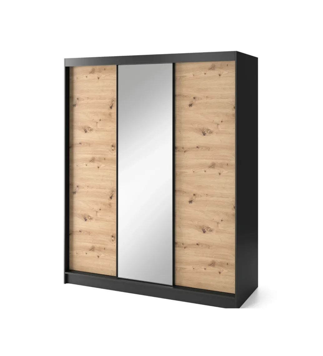 Szafa przesuwna Esville III z lustrem 180 cm w optyce Dąb artisan/Czarny mat*ELTAP Discount