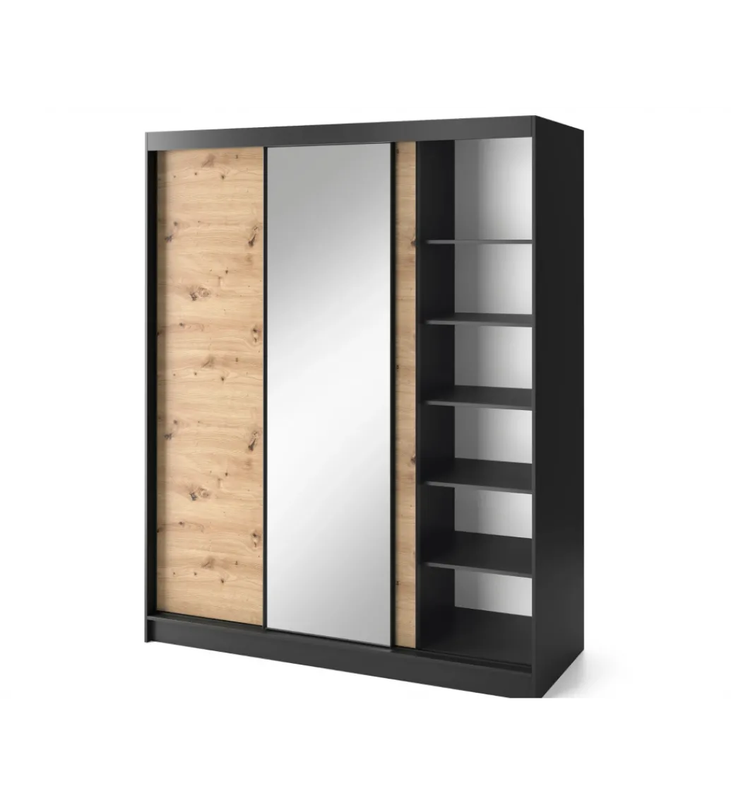 Szafa przesuwna Esville III z lustrem 180 cm w optyce Dąb artisan/Czarny mat*ELTAP Discount