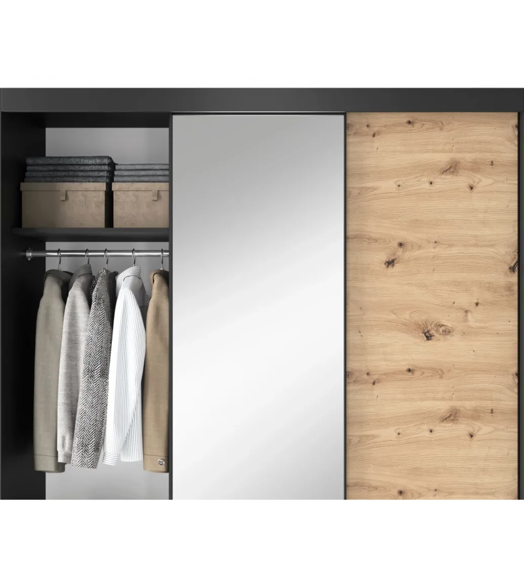 Szafa przesuwna Esville III z lustrem 180 cm w optyce Dąb artisan/Czarny mat*ELTAP Discount