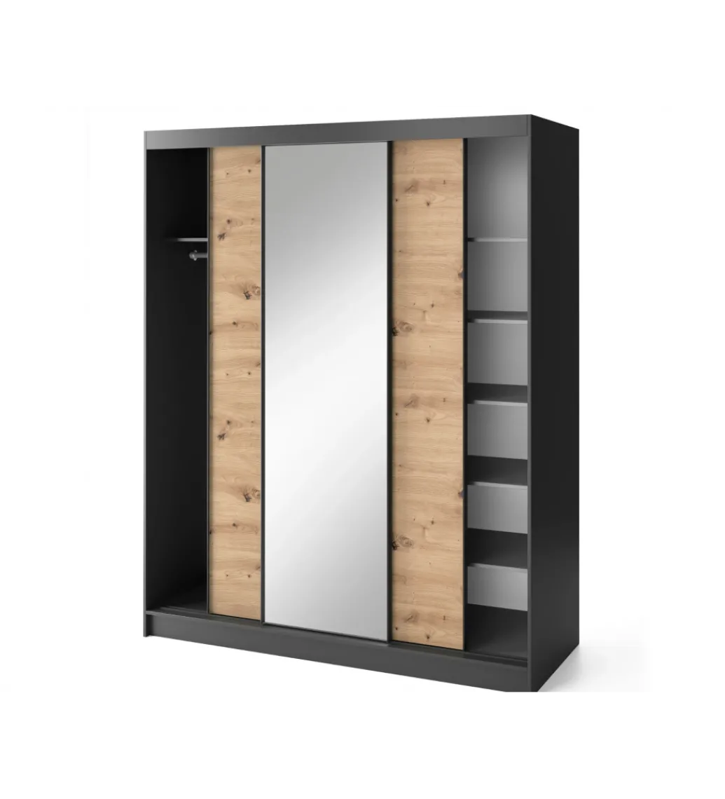Szafa przesuwna Esville III z lustrem 180 cm w optyce Dąb artisan/Czarny mat*ELTAP Discount