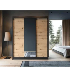 Szafa przesuwna Esville III z lustrem 180 cm w optyce Dąb artisan/Czarny mat*ELTAP Discount