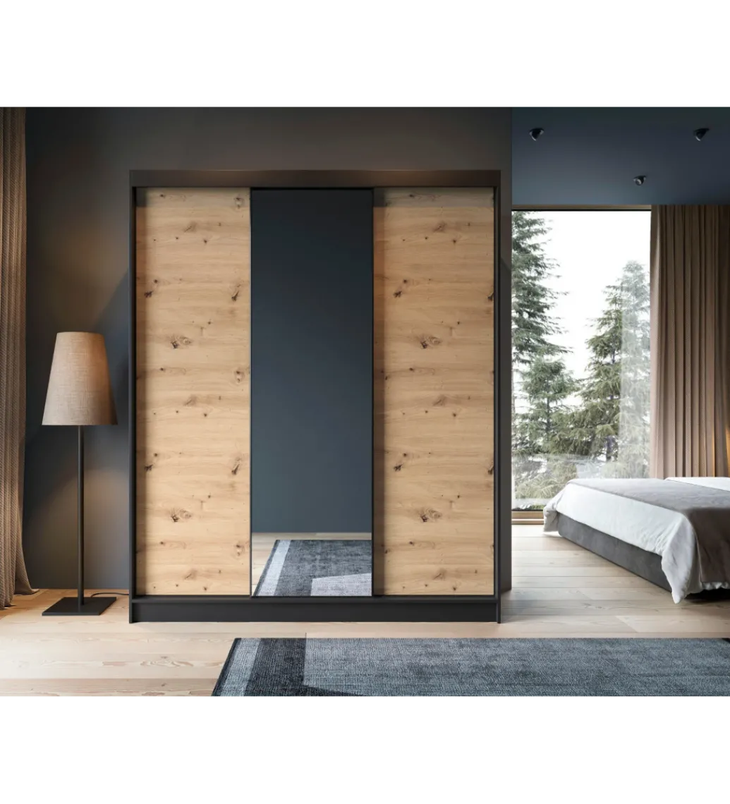Szafa przesuwna Esville III z lustrem 180 cm w optyce Dąb artisan/Czarny mat*ELTAP Discount