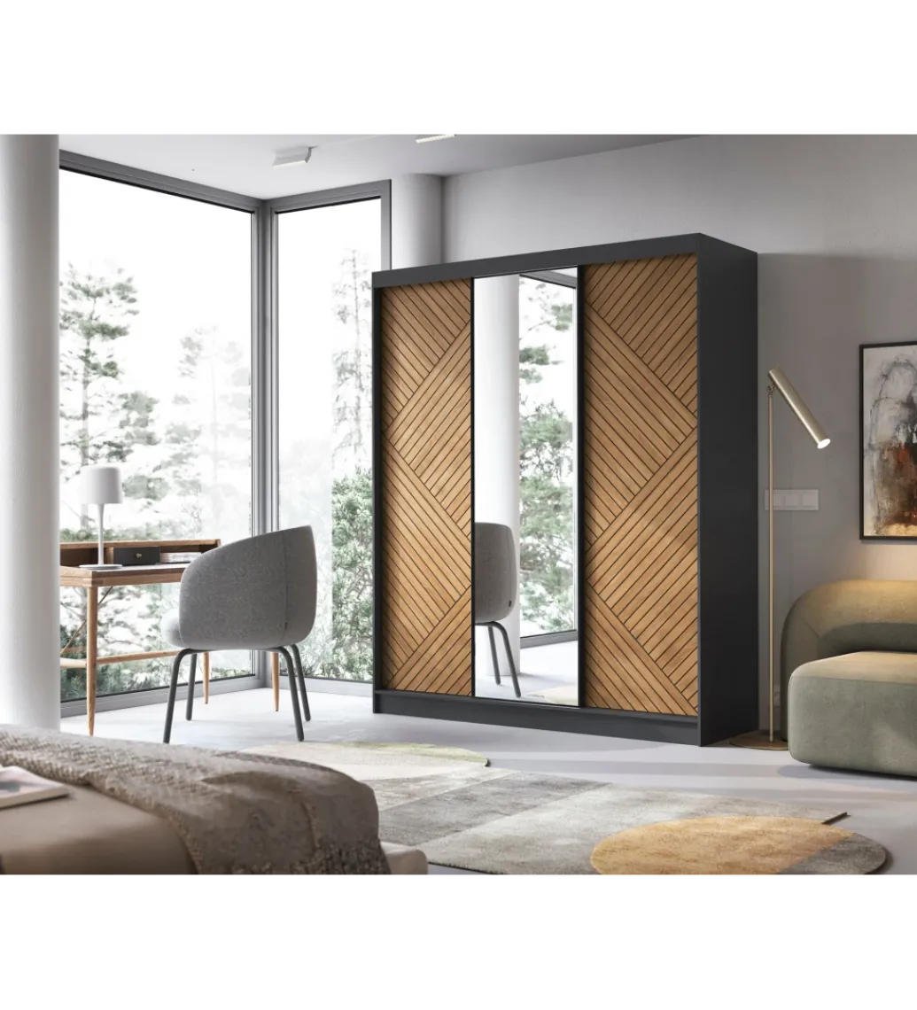 Szafa przesuwna Marrphy III z lustrem 180 cm czarny/dąb caramel*ELTAP New