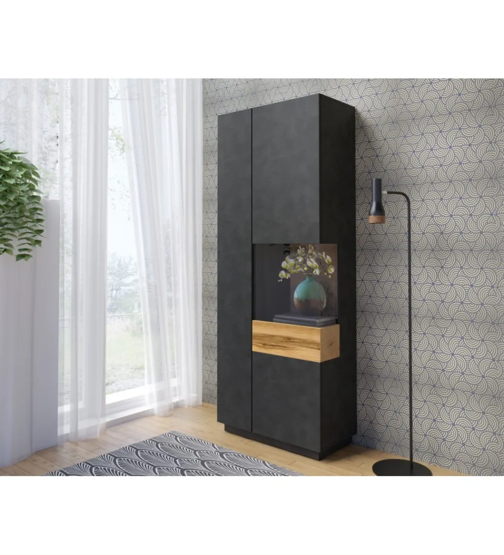 Witryna SILKE 80 Cm Antracytowa Z Dodatkiem Koloru Dąb Wotan*Helvetia Discount