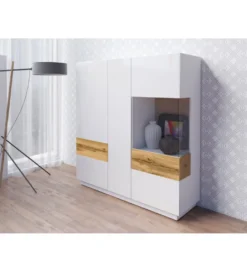 Witryna SILKE 130 cm biała z dodatkiem koloru Dąb Wotan*Helvetia Clearance